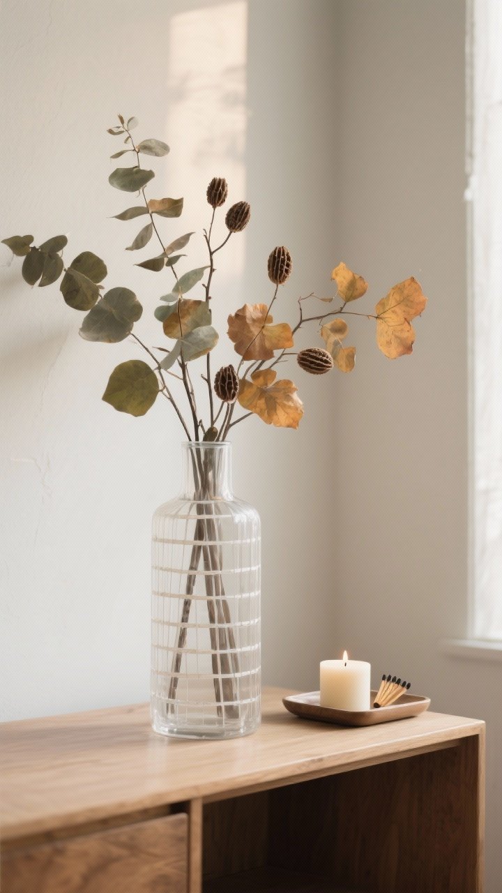 5x the vase height; a clear cross-tape grid visible at the vase opening for stability; beside it, a small tray with an unscented candle and a match striker; placed on a simple wood console against a light neutral wall; muted, realistic foliage tones with a few seed pods; soft morning light from the side; clean, minimalist fall mood, no faux florals; photorealistic.