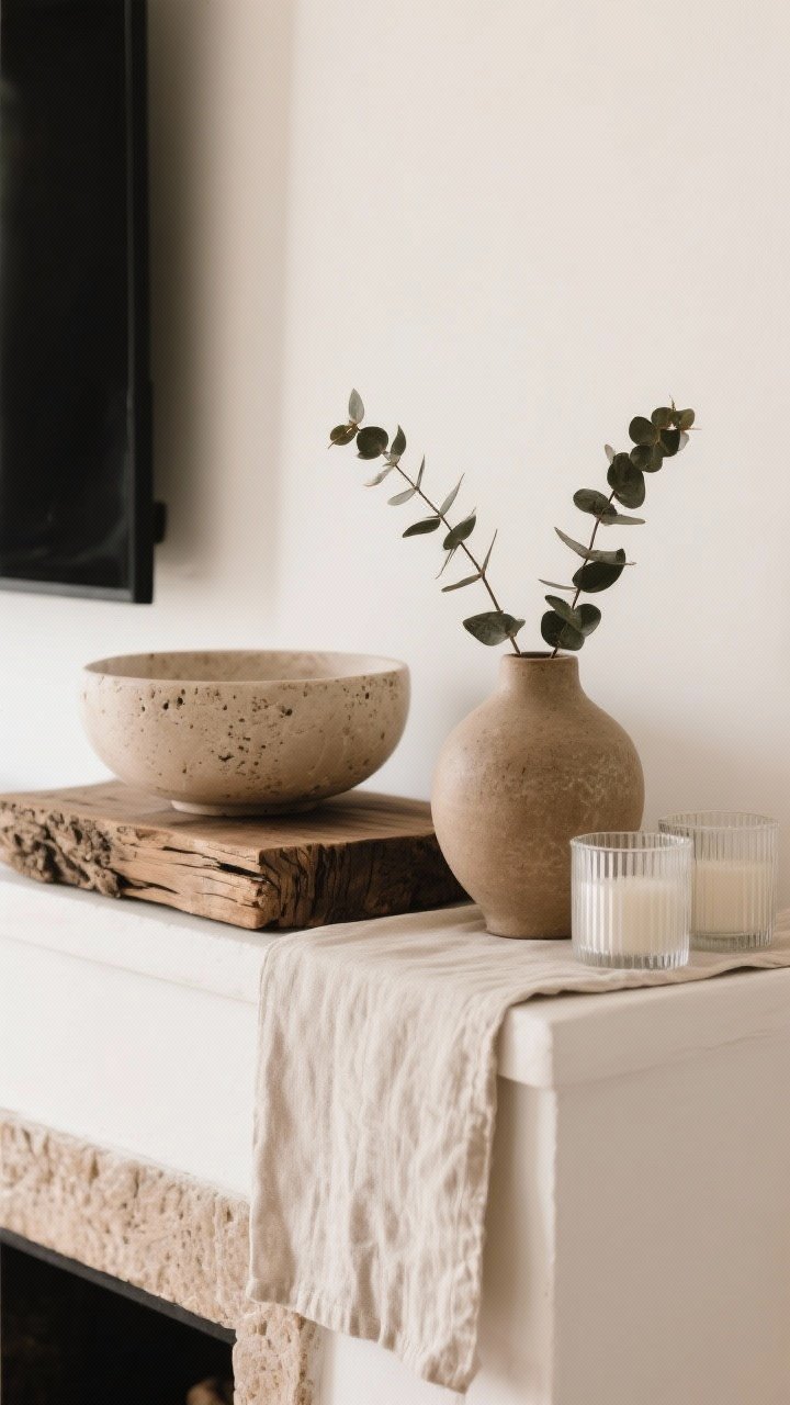 A detailed closeup focusing on layered textures with quiet colors on a mantle surface: a smooth travertine bowl beside a rough-hewn raw wood riser, frosted ribbed glass votives, and a stoneware vase holding one understated eucalyptus branch. Include a folded linen runner edge for tactile softness. Keep the palette to warm white, camel, soft black, and one earthy accent tone. Emphasize material contrast and subtle grain, with soft diffused natural light grazing the surfaces, photorealistic.
