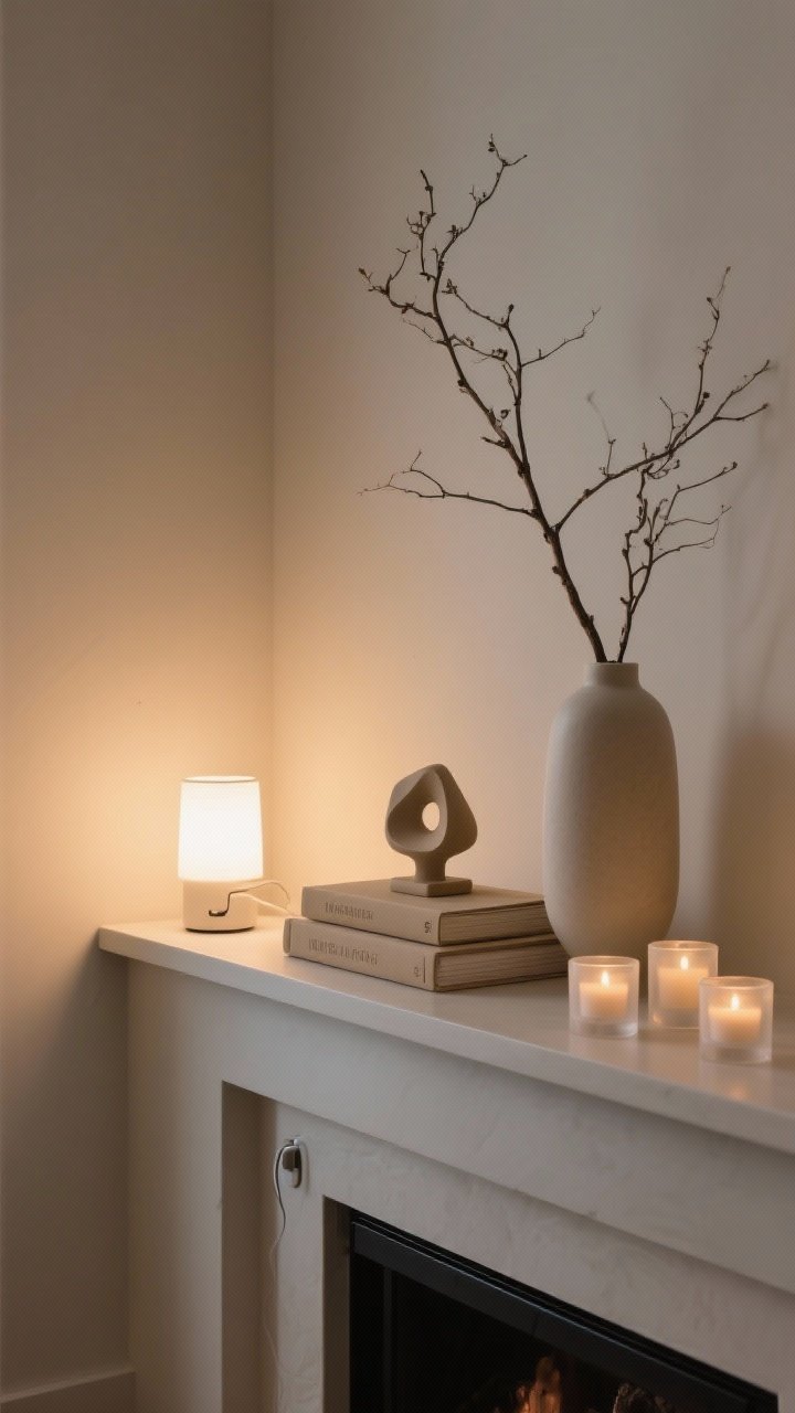 A medium corner-angle shot of a modern mantle styled with varied heights and soft lighting: a tall branch arrangement in a minimalist vase anchoring one side, a mid-height stack of two neutral books topped with a small abstract sculpture, and a low trio of tea lights in frosted holders for balance. Add a petite cordless lamp with a warm white bulb (2700K–3000K) casting a cozy glow. Clean lines, controlled asymmetry, warm neutral palette, evening ambiance with dimmable, warm light, photorealistic.