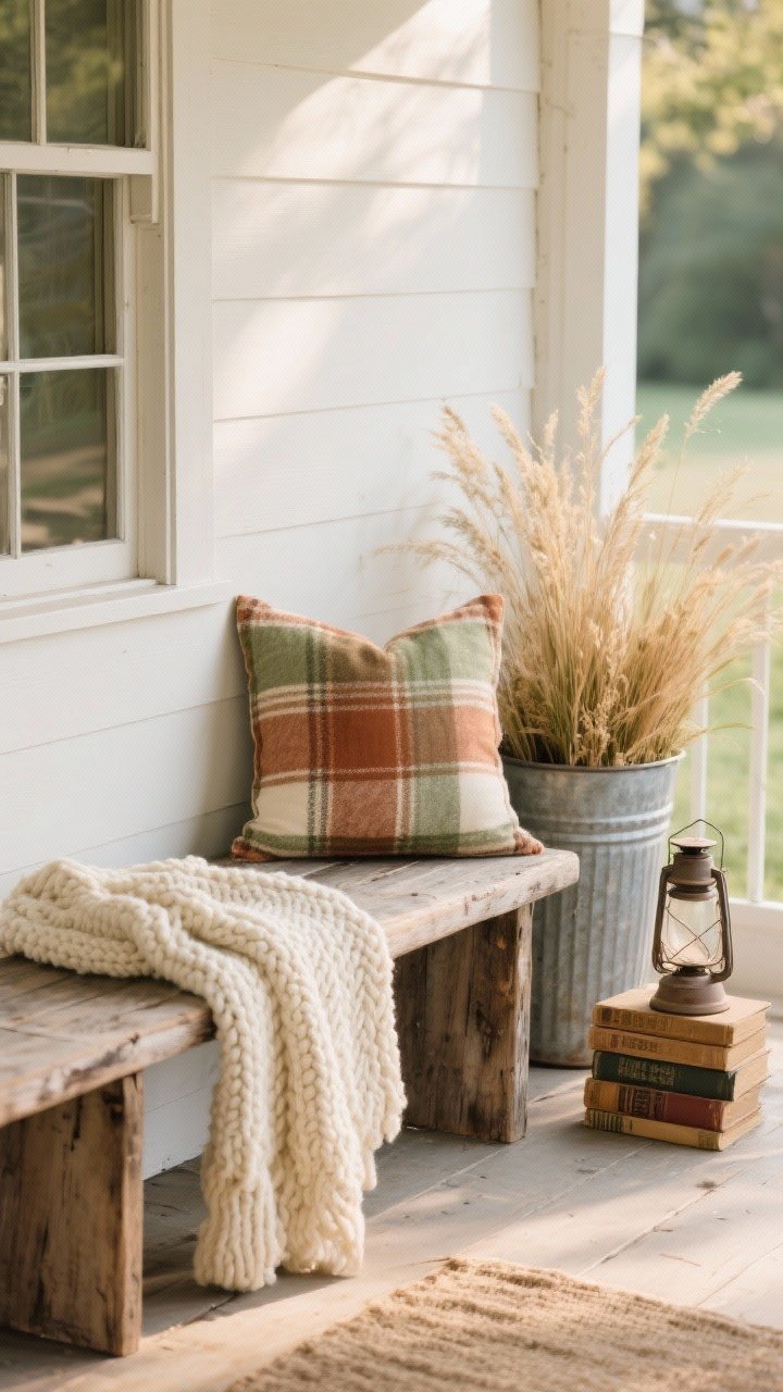 A medium corner-angle shot of a rustic seating vignette on a farmhouse porch: a weathered wood bench with a narrow silhouette holding a chunky knit throw in cream and a plaid pillow in earthy tones of rust, olive, and cream; beside it a galvanized bucket filled with dried grasses, a classic lantern on the floor, and a small stack of old books adding character; outdoor-friendly textiles, tidy and low-maintenance look; warm, diffused afternoon light for cozy ambiance; photorealistic, no people.