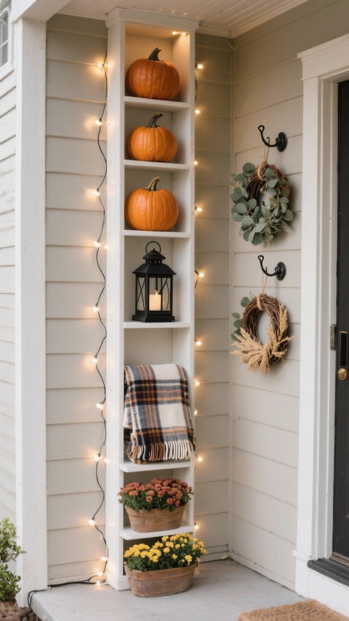 A medium corner shot of a tiny front porch showcasing a tall, slim ladder shelf under 14 inches deep, styled vertically as the focal point: staggered small pumpkins, a folded plaid throw, and a black metal lantern arranged up the rungs; adjacent wall-mounted hook rail holds two small wreaths stacked vertically (eucalyptus and wheat for subtle texture); tiered micro planters bring mums to eye level; warm white battery fairy lights draped up the ladder add a cozy evening glow with no visible cords; neutral siding backdrop, tight footprint, no people, photorealistic.