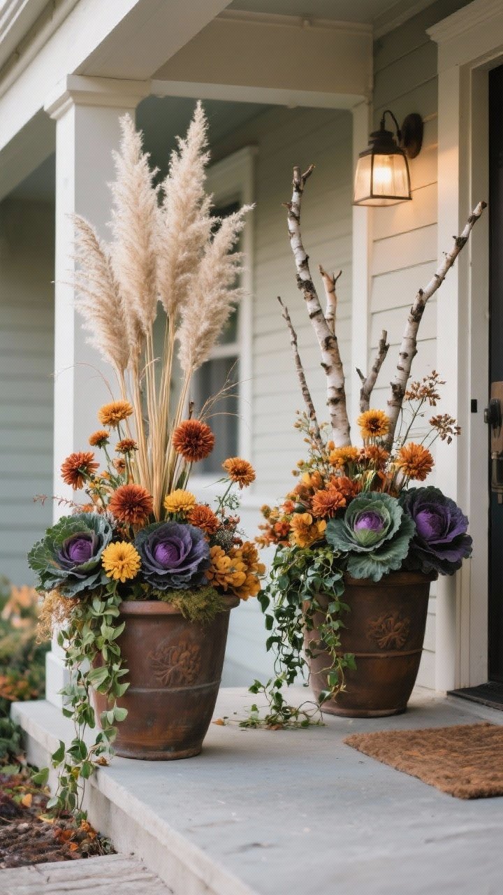 A medium shot of two fall planters styled with a florist’s formula on either side of a porch: each planter features a tall thriller (ornamental grass with airy plumes, plus a few birch branches for structure), filler blooms (mums and asters in warm rust and mustard tones), and spillers (trailing ivy and creeping jenny cascading over the rim). Add textured ornamental cabbage and kale for moody greens and purples. Slightly shaded porch lighting for a thriving look; focus on layered heights, mixed foliage textures, and complementary colors.