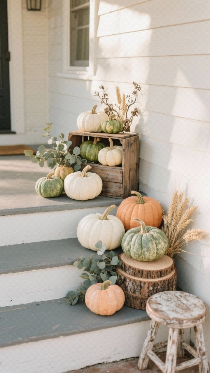 A medium, straight-on porch step scene styled in farmhouse fall: clusters of pumpkins in heirloom greens, creamy whites, and muted soft oranges arranged beside the steps with visual restraint; varied heights using a weathered vintage wooden crate, a small rustic stool, and a natural wood slice to tier pumpkins; tucked sprigs of eucalyptus, dried wheat, and a few foraged branches as natural filler; matte-finish faux pumpkins mixed with real ones featuring realistic stems; neutral, soft morning natural light, muted palette, no other decor distracting, photorealistic, no people.