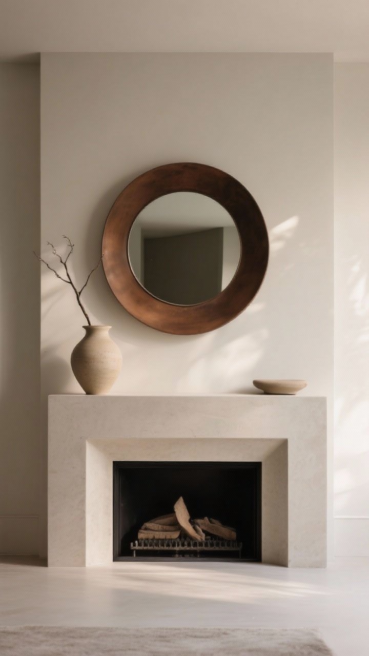 A medium, straight-on shot of a modern fireplace mantle featuring a single oversized round modern mirror as the anchor, with a restrained warm palette of bone, charcoal, and burnt umber. Style asymmetrically: a tall sculptural stoneware vase with a single branch on one side, a low neutral object on the other, and intentional negative space between items so the focal piece can breathe. Clean lines, minimalist cozy mood, matte finishes, no clutter, soft natural daylight with gentle shadows, photorealistic interior styling.