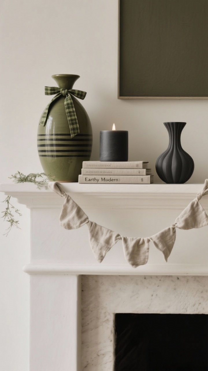 A straight-on medium shot of a mantle curated with a tight “Earthy Modern” color story: olive + charcoal + linen. Elements echo the palette in 3–5 pieces—an olive-toned ceramic vase, a charcoal candle in a matte vessel, a stack of linen-colored books with fabric covers, a minimal garland in soft linen hues, and one sculptural object in charcoal. Keep patterns subtle: a single striped vessel with thin charcoal lines and a narrow olive plaid ribbon tied around a vase neck. The rest stays neutral and uncluttered, feeling intentional and elevated. Even, soft natural lighting for a calm, expensive look. Photorealistic, no people.