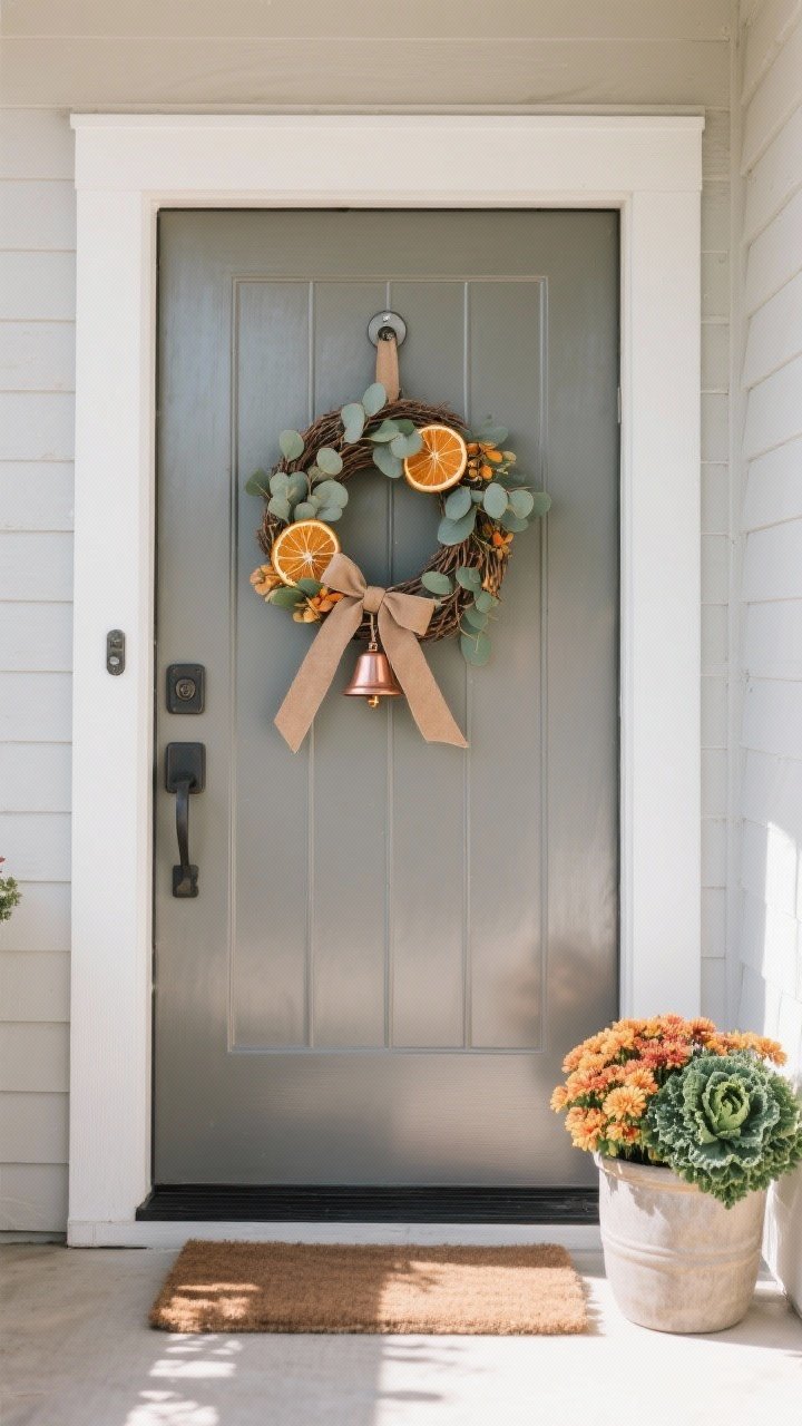A straight-on, wide view of a front door styled with a petite fall wreath and matching planter: slim-profile 18–20 inch wreath (depth under 4 inches) featuring eucalyptus and dried orange slices, tied with a subtle suede ribbon; mounted via a magnetic wreath hanger on a metal door; a 10–12 inch planter to one side with mums and ornamental kale echoing the same green, citrus, and neutral tones; tiny copper bell tied to the wreath for a delicate accent; clean, compact entry, bright natural daylight, photorealistic, no people.