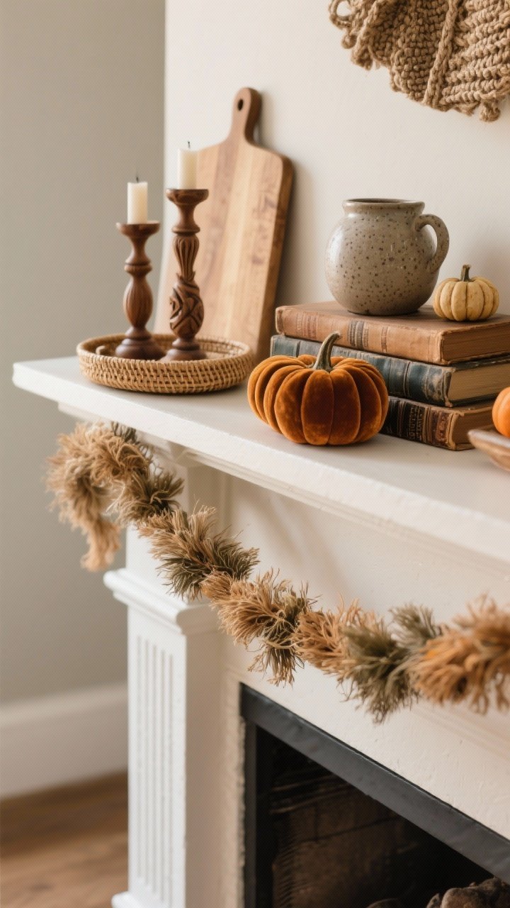 A tight detail closeup from a corner angle of a mantle styled with rich fall textures: three distinct texture types mixed and layered. Natural textures include a small woven seagrass tray and a pair of carved wood candlesticks; soft textures include a short knit garland draped along the mantle edge and a couple of petite velvet pumpkins; gritty textures include stacked antique books with worn spines and a piece of stoneware pottery with a matte, slightly speckled glaze. Use subtle risers and a small cutting board as a vertical backdrop to stagger heights so the eye travels. Soft, diffused morning light to emphasize tactile surfaces and grain. Photorealistic, no people.