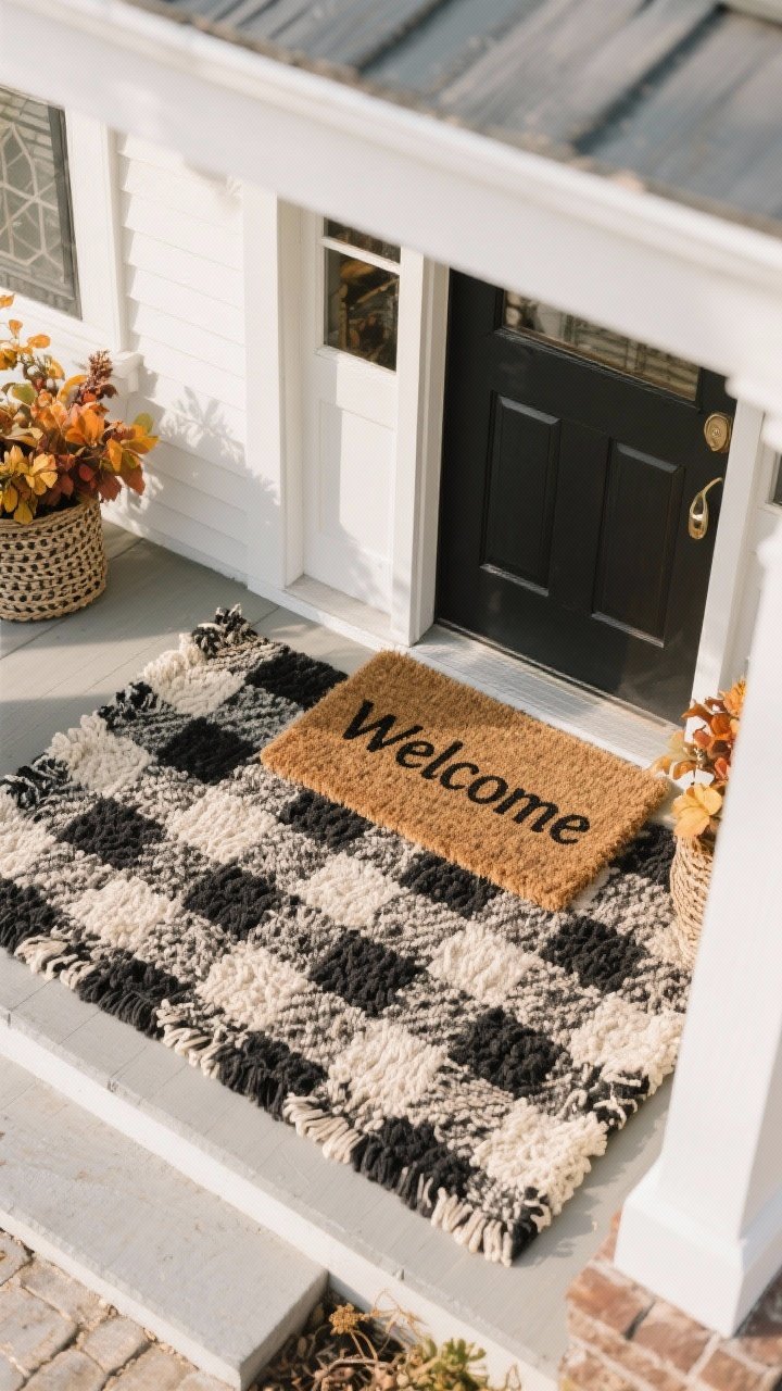 A top-down overhead detail shot of layered porch rugs at the front door: a chunky, oversized base rug with a neutral buffalo check in black and cream and nubby/jute-like texture, topped with a natural coir doormat that reads “Welcome”; optional hint of a woven runner leading toward the door if porch appears covered; subtle patterns that harmonize with potential fall decor; clean, intentional framing of the entry; soft, even daylight for clarity; photorealistic, no people.