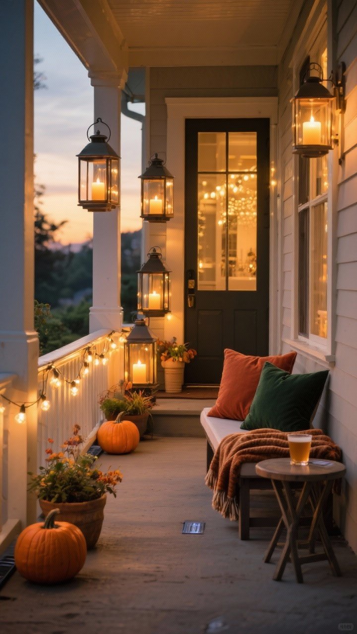 A wide, evening porch scene capturing layered lighting and cozy accents: a trio of lanterns in varying heights by the door with warm LED pillar candles flickering, cafe string lights draped along the railing, and subtle solar path lights uplighting pumpkins and planters for gentle drama. Include a small bench with a folded, outdoor-safe throw blanket and two autumnal pillows (rust and deep green) plus a compact side table ready for cider. Golden-hour-to-dusk ambiance with warm, cinematic glow; no people present.