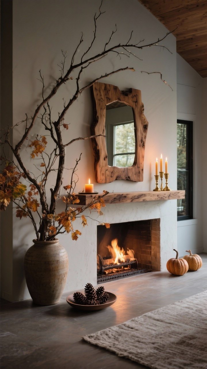 A wide, slightly angled room shot featuring the fireplace wall with a dramatic fall focal moment: a big branch arrangement of foraged branches arcing across the mantle from a tall ceramic vase, creating movement. Glow elements include a trio of taper candles in mixed brass holders and a separate warm, woodsy candle (cedar/amber) flickering nearby. One statement piece centered above the mantle: a chunky wood mirror with visible grain. Small organic touches—pinecones grouped in a shallow dish and a couple of mini gourds—are sparingly placed. Ambient evening lighting plus candlelight for a warm, moody glow that reads “curated forest vibes,” not cluttered. Photorealistic, no people.