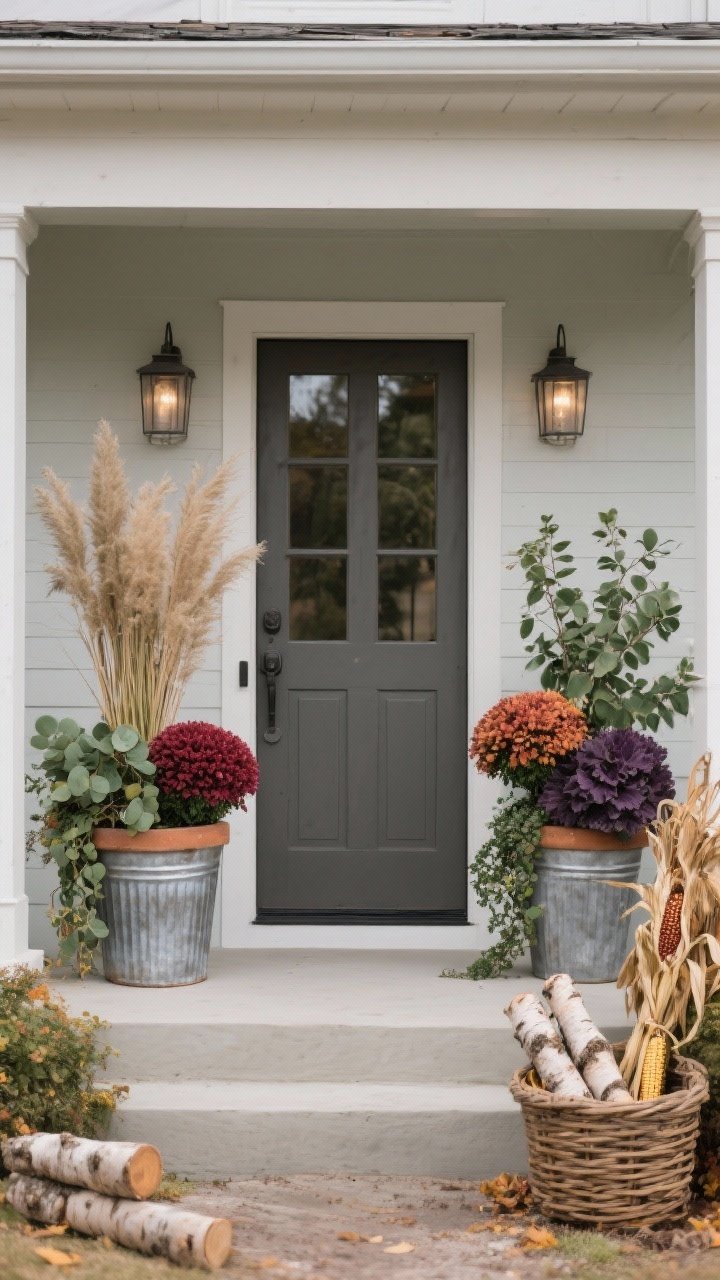 A wide, straight-on view of the front door flanked by symmetrical fall planters for moody farmhouse drama: two matching matte or galvanized planters (terracotta, concrete, or zinc finishes) on either side of the door; each planter built as a trio—one tall ornamental grass, one medium burgundy mum, and one small trailing ivy; added depth with olive-green eucalyptus and deep purple ornamental kale; a basket nearby with a few birch logs or a couple of dried corn stalks for subtle harvest cues; soft, overcast daylight to emphasize rich foliage tones; photorealistic, no people.