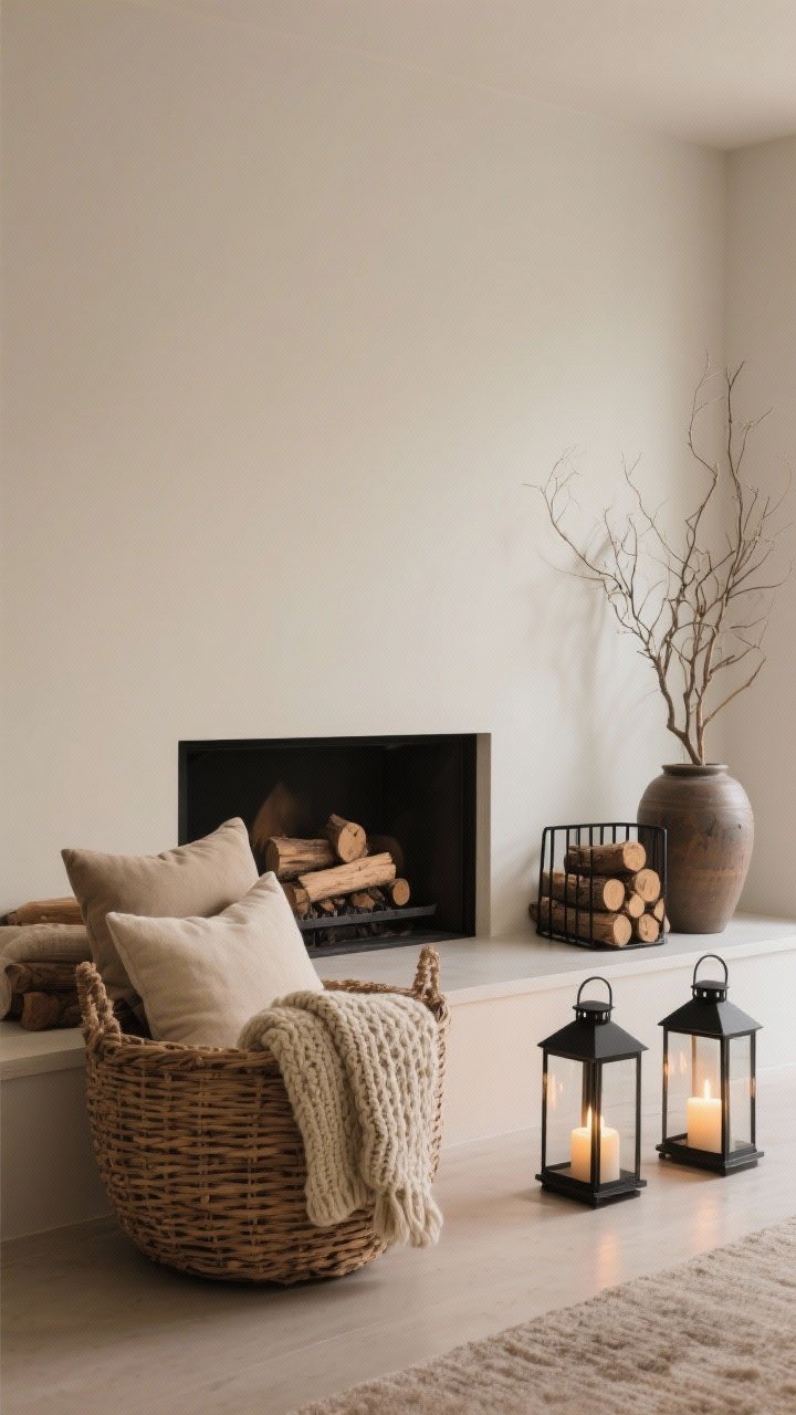 A wide straight-on view of the hearth styled minimally below the mantle: an oversized woven basket filled with a neatly folded chunky knit throw and two neutral pillows on one side, a clean stack of fireplace logs in a black metal holder on the other, and two low matte-black lanterns with LED candles providing steady warm ambience. Optionally include a large ceramic floor vase with dried branches if space allows, but keep paths clear and composition uncluttered. Warm, cozy light, natural textures, photorealistic.