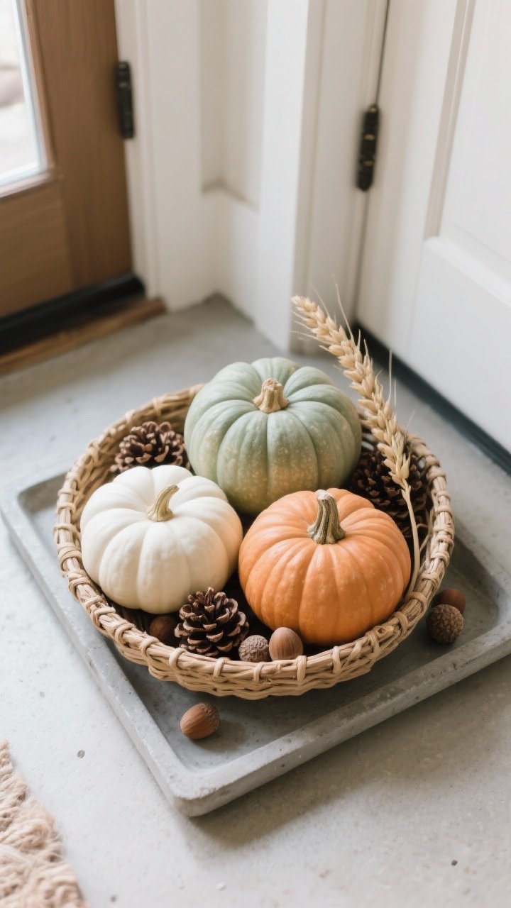 An overhead closeup of a tiny, mighty pumpkin trio corralled near a door: small, medium, and mini pumpkins in white, sage, and soft orange, mixed real and faux for texture variety, nestled in a shallow woven basket on a concrete tray; sprinkled pinecones and a few acorns as filler; a single dried wheat stem tucked into the basket rim for a cozy touch; minimal surrounding clutter to emphasize the curated cluster; soft afternoon light, photorealistic, no people.
