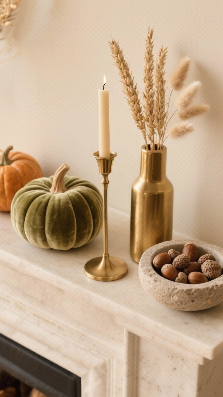 An overhead detail shot of edited, luxe fall accents arranged on a mantle: a slender brass candleholder with an unlit taper, one or two velvet mini pumpkins in muted moss and champagne, a slim vase holding a small bundle of dried wheat and bunny tails, and a shallow stone bowl half-filled with acorns for an airy look. Neutral background in warm tones, no glitter or loud colors, “whisper fall” mood. Soft ambient light with gentle highlights on brass and velvet textures, photorealistic.