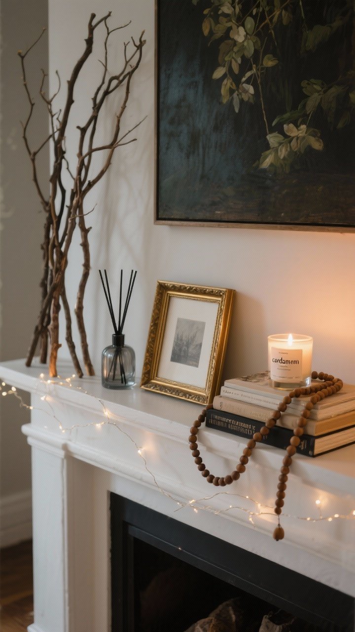 An overhead detail shot of mantle styling that demonstrates symmetry-ish balance and finishing touches: tall branches arranged on one side, and on the other side a trio grouped in odd numbers—one medium brass-framed artwork, one smoky glass candle, one low stack of books with a wooden bead strand draped across. Heights vary: tall branches, medium frame/candle, low book stack. Elements overlap slightly to connect layers and remove gaps. Include scent and soft light: a labeled diffuser with “cardamom” notes and a delicate micro fairy light strand weaving subtly along the back edge. Moody artwork in deeper tones replaces summery art. Warm, cozy lighting that hints at evening. Photorealistic, no people.
