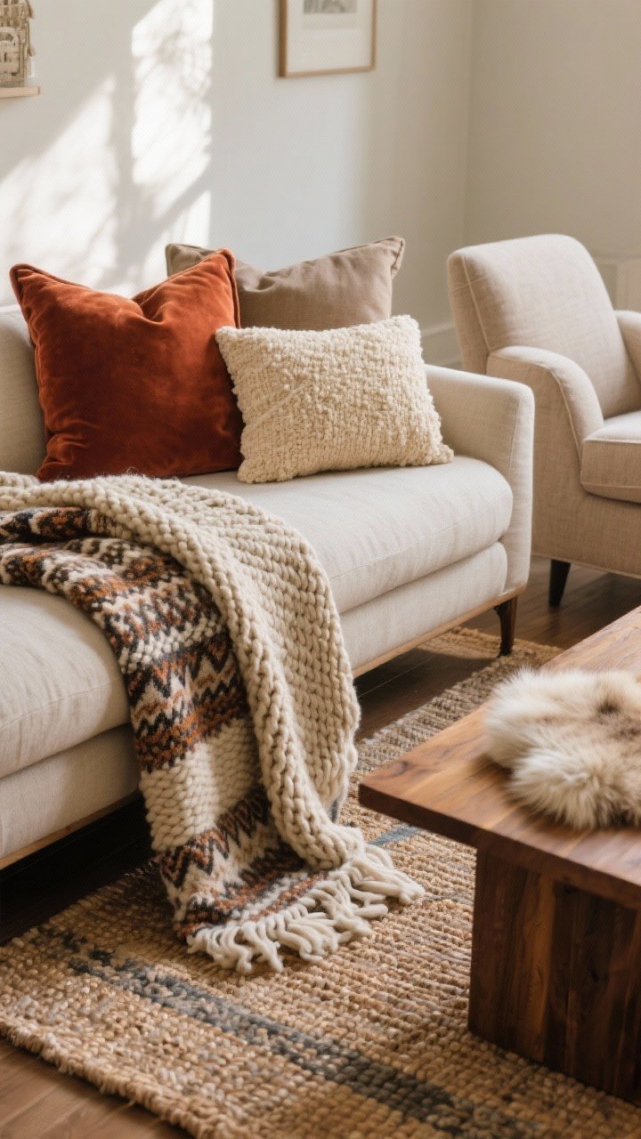 Closeup detail shot: A cozy living room sofa corner showcasing layered textures—one chunky knit throw, one patterned wool throw, and one faux fur throw draped casually over a neutral linen sofa and adjacent armchair; pillows mixed intentionally with large linen back pillows, rust velvet front pillows, and a cream bouclé lumbar pillow; layered rugs with a natural flatweave base and a small sheepskin topper near a wood coffee table; soft, diffused afternoon light accentuating texture; warm, inviting, photorealistic.