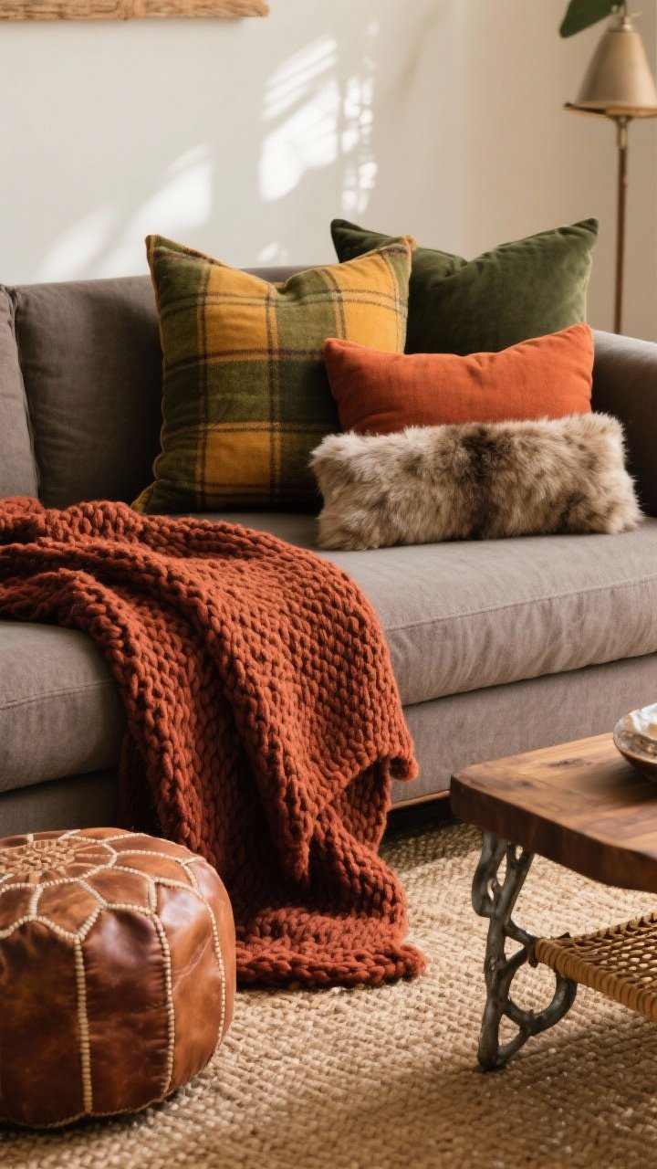 Closeup detail shot: A layered sofa corner showcasing chunky knit throws in rust and deep olive draped over a warm gray linen sofa, flannel pillows in ochre and olive plaid mixed with solid rust, three pillow sizes (20", 18", and a long lumbar) arranged casually, a faux fur/sherpa throw adding plush texture, with a jute rug underfoot and a vintage leather pouf nearby; include warm, natural afternoon light highlighting textures, and accents of rattan and hammered metal on a wood side table; tight, curated color palette of rust, ochre, deep olive, and taupe.
