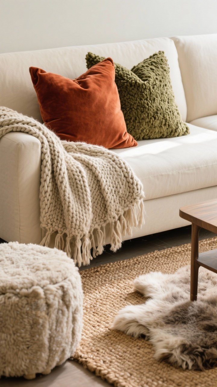 Closeup detail shot: A layered sofa corner showcasing cozy textures—chunky knit throw draped over the arm, velvet pillows in rust and olive, and a boucle cushion—set against a neutral cream sofa. In the foreground, a nubby wool throw grazes a woven jute area rug with a smaller wool faux-fur rug layered on top. Include a textured pouf/ottoman in sherpa near the coffee table. Keep the color story tight: neutrals with rust and olive accents. Soft natural afternoon light, straight-on angle, photorealistic focus on fabric weave and pile.