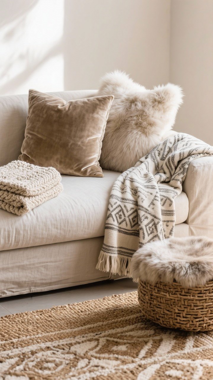 Closeup detail shot: A neutral linen sofa base with a layered stack of touchable textures—velvet, bouclé, and faux fur pillows in soft neutrals—paired with a thin patterned Turkish throw draped over the arm and a thicker cable-knit blanket folded on top. In front, a patterned wool rug is layered over a natural jute/sisal rug for depth. Include a matching faux fur ottoman and a woven basket repeating textures. Soft afternoon natural light grazing the fabrics to highlight weave and pile; no people.