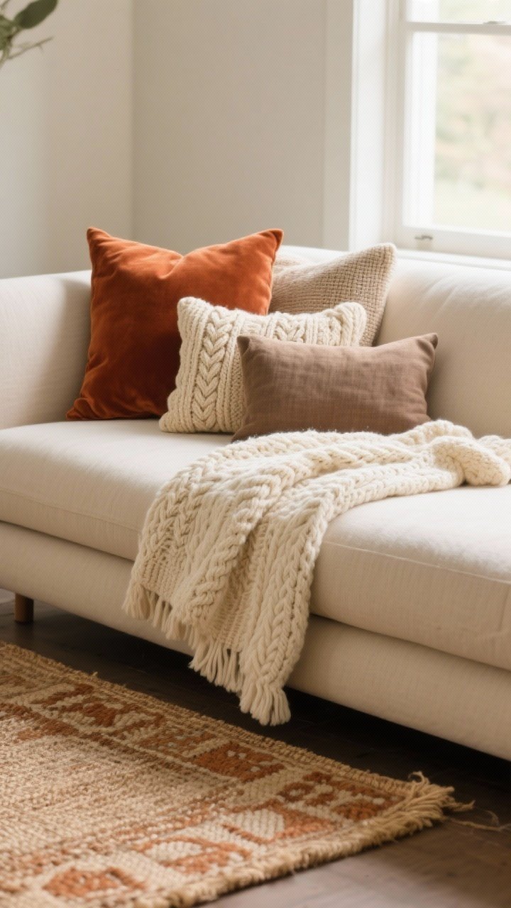 Closeup detail shot focused on layered textures on a neutral sofa: a cream cable-knit throw as the base, a mix of pillows including rust velvet, oatmeal cable-knit, and a taupe linen lumbar arranged together; in the foreground, the edge of a smaller patterned rug layered over a natural flat-weave jute rug. Soft, warm natural light from a side window enhances fabric weaves and nubby knits; color palette in creams, camel, taupe with subtle rust accents. Angle: three-quarter corner view emphasizing cozy contrast and fabric grains, no people, photorealistic.