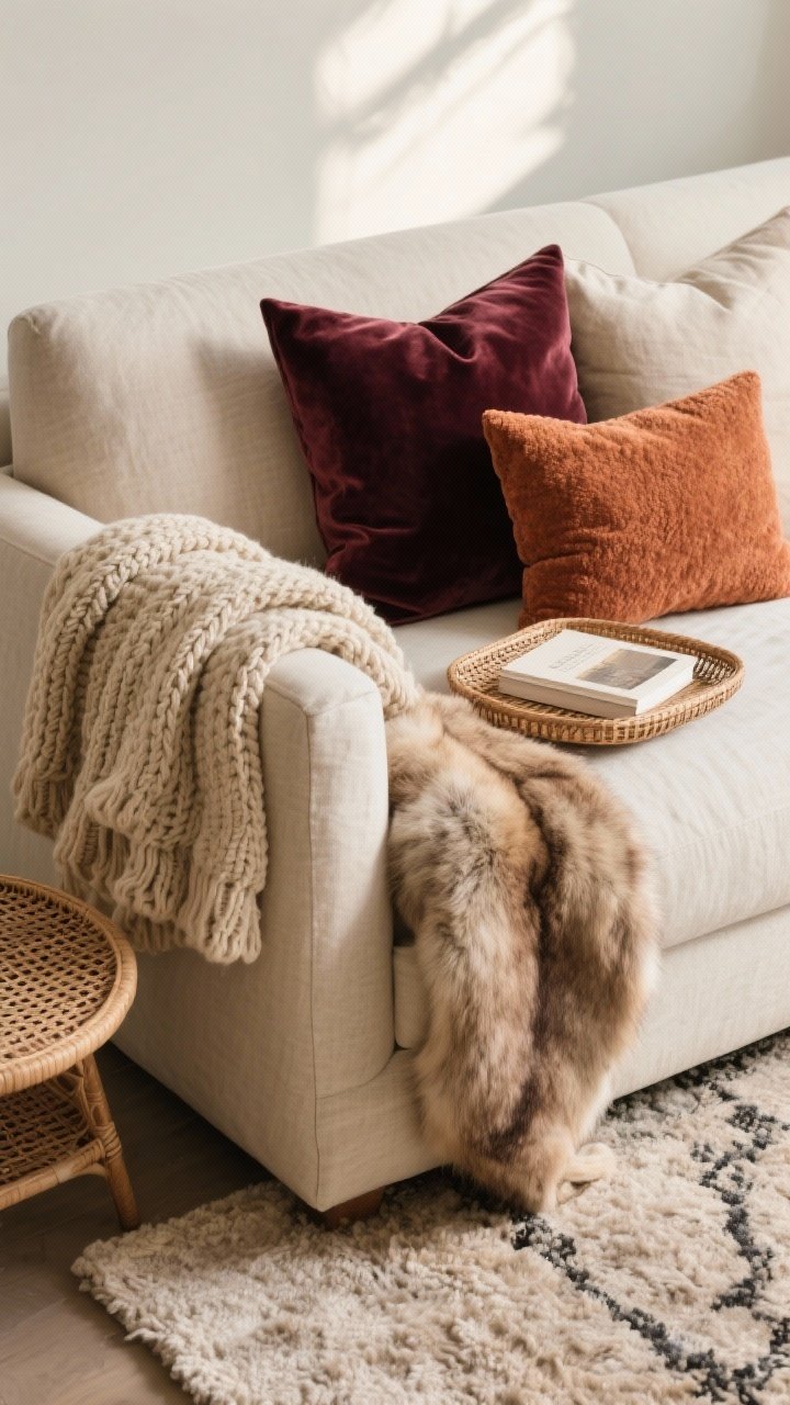 Closeup detail shot focusing on layered textures: a linen sofa arm draped with a chunky knit throw in oatmeal, a velvet pillow in deep mulled wine layered over a lighter linen pillow, a chenille pillow in spice, a faux fur throw casually spilling onto a plush rug beneath; include a woven rattan tray on the sofa seat holding a book; soft natural afternoon light grazing the fibers to highlight weave and pile; neutral backdrop, no people, photorealistic.