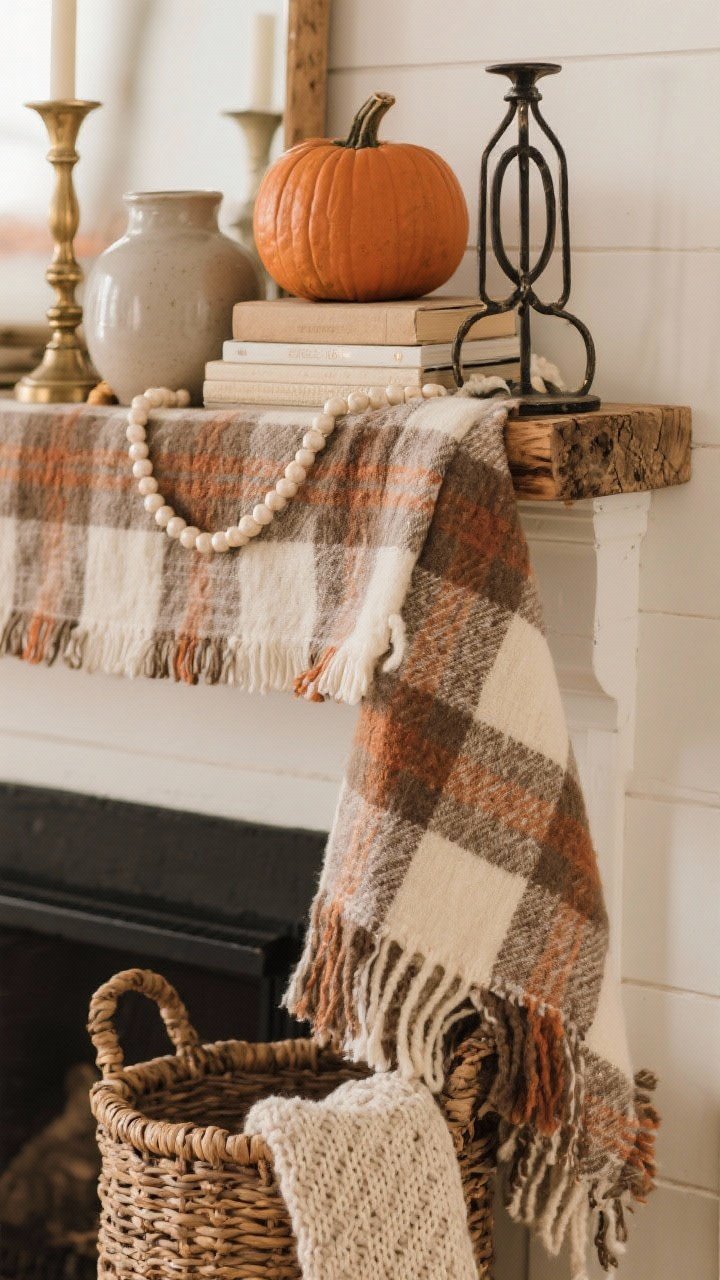 Closeup detail shot of a fall mantle focused on layered textures: a narrow plaid scarf runner in taupe, cream, and rust as the base, topped with a raw wood riser and a matte ceramic vase beside a woven basket; include a chunky knit throw edge peeking in, a brass candleholder and a small black iron accent for mixed metals, a short stack of books with a bead garland draped, and a soft knit pumpkin perched casually on top; vary heights and overlaps to feel collected over time; warm, natural afternoon light; photorealistic, straight-on angle emphasizing texture contrast