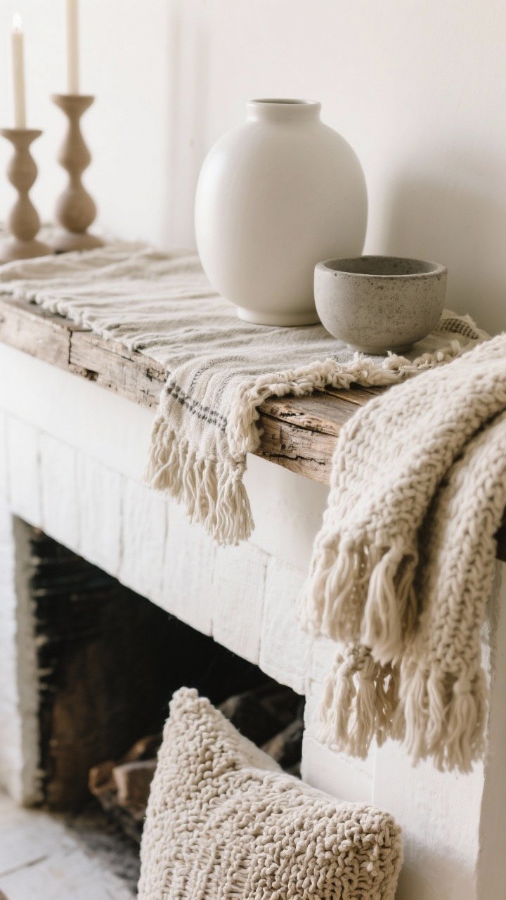 Closeup detail shot of a neutral fall mantle styled for texture layering: a fringed wool scarf used as a runner over weathered wood, topped with a smooth ivory ceramic vase, matte stoneware candle holders, and a small concrete bowl; a chunky knit throw draped over one corner and a tiny boucle pillow tucked on the hearth below. Color palette: ivory, oatmeal, mushroom, greige (avoid stark white). Soft natural afternoon light grazing the fibers to emphasize weave and matte finishes. Perspective: low, angled closeup focusing on the tactile mix, shallow depth of field, no people.