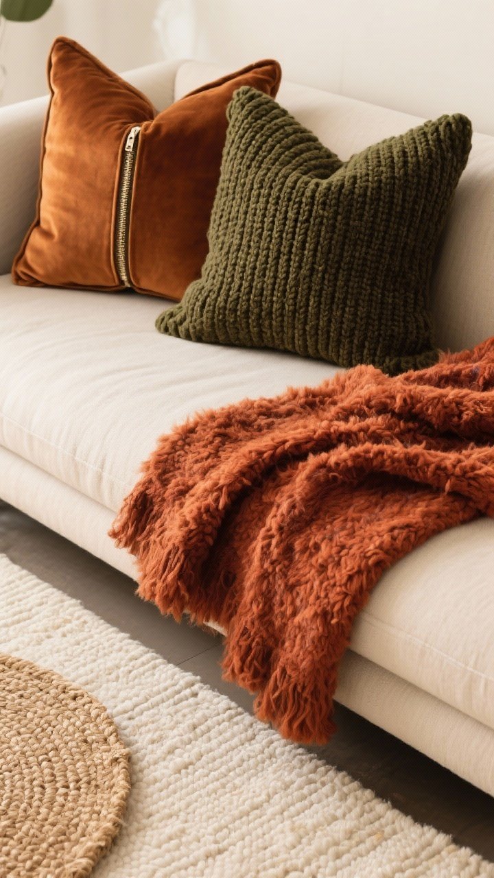 Closeup detail shot of luxe fall textiles on a neutral sofa: two zippered pillow covers—one matte cognac velvet, one chunky knit in deep olive—paired with a casually draped faux mohair throw in rust; foreground shows the texture weave, no busy patterns; in the lower frame, a layered rug setup with a small natural jute rug peeking under a larger cream flatweave; soft, warm natural daylight, matte finishes only, palette of cognac, rust, deep olive, cream; angle: slightly overhead, corner of sofa and rug junction emphasized; photorealistic.