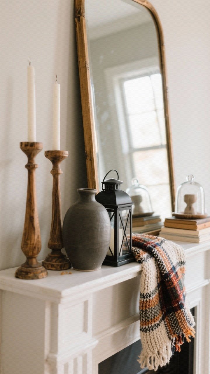 Closeup detail shot, straight-on view of a fall-styled mantle showcasing layered textures: a large leaning mirror as the backdrop, a chunky knit runner draped across one side, plaid scarf folded underneath a cluster. Include mixed materials arranged by the rule of three and varied heights: wood candlesticks, a black metal lantern, a matte ceramic vase, and a glass cloche. Add a small stack of books lifting a shorter object to break the horizon line. Focus on rough, woven, and matte finishes contrasted with smooth glass, with soft natural afternoon light emphasizing texture. No people.