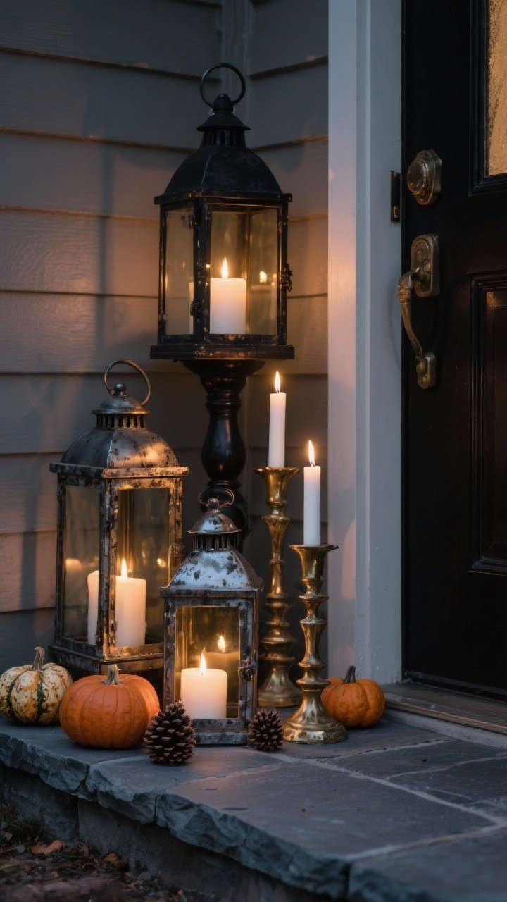 Closeup, moody evening arrangement of mixed-metal candle glow on one side of a front door: a clustered odd-number grouping of lanterns and hurricanes in black, antique brass, and distressed finishes. Vary heights—tall lantern at back, mid-size in the middle, short in front—on a shallow slate stepping stone base. Include two thrifted brass candlesticks with taper-style LED candles among the vessels. Scatter a few mini pumpkins and a couple of pinecones at the base for texture. Warm white LED flames with realistic flicker reflecting on metal surfaces, deep shadows for drama, no open flame, photorealistic metals and glass.
