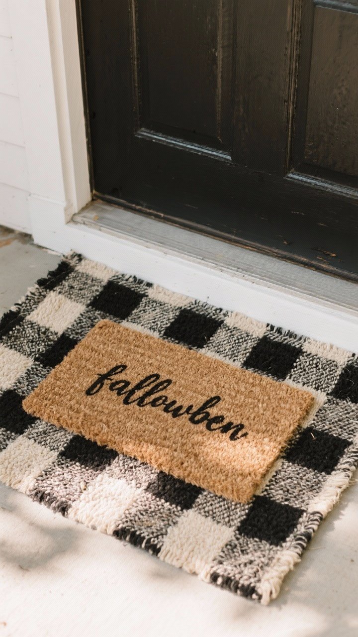 Closeup, straight-on view of a layered doormat setup at a front door: a 3x5 outdoor base rug with a neutral black-and-cream plaid pattern beneath a smaller natural coir mat featuring a simple fall phrase in clean typography. Optionally show a DIY base made from a painter’s drop cloth with hand-stenciled black stripes and slightly imperfect brush edges for a budget look. Natural daylight, crisp shadows, emphasize textures: coarse coir fibers, woven rug/plaid pattern, and the matte-painted stripe on canvas. No other decor objects; focus tightly on the layered mats and texture detail.