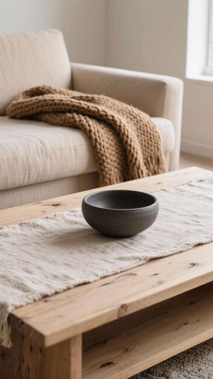 Detail closeup: A tactile composition highlighting warm minimalism and repeated textures. A chunky knit wool throw in camel folded over the edge of an oat linen sofa, a natural linen table runner on a light wood console, and a single matte ceramic bowl in charcoal placed centered on the runner. Raw, matte finishes and unfinished wood grain visible; breathable natural fibers (linen, wool, cotton) emphasized. Soft ambient light from a nearby window, shallow depth of field to showcase weave, knit, and stone-like ceramic texture.