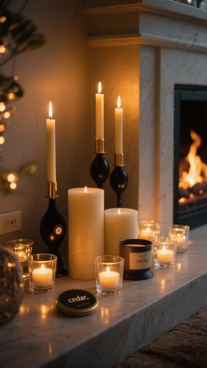 Detail closeup, corner angle of a candle-focused mantle that creates a fire-like glow without a fireplace: tall taper candles in brass and matte-black holders for elegant verticals; chunky pillar candles clustered in groups of three for visual weight; tea lights and votives tucked into small clear glass cups filling gaps for sparkle. Include a few flameless battery-operated tapers with subtle warm LED flicker and a visible discreet timer switch on one holder. Lighting is dim, golden, and moody, with the warm candlelight reflecting softly on nearby surfaces. One cohesive scent cue shown by a labeled candle lid reading “cedar,” all other scents absent. Photorealistic with bokeh glints from glass.
