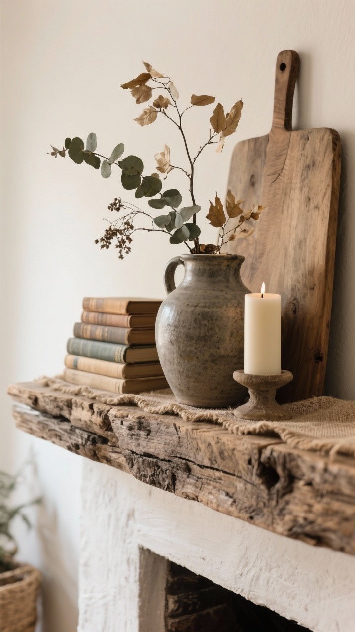 Detail closeup from a slight corner angle emphasizing layered natural textures on a mantle: a narrow linen or burlap runner as a soft base, a chunky reclaimed wood riser holding smooth pillar candles beside heavy stoneware pottery, with dried eucalyptus and loose, asymmetrical maple branches in a tall jug. Include stacked vintage books and a wooden cutting board as height play. Focus on tactile contrasts—matte linen, rough wood grain, glazed stoneware, papery dried stems. Warm, diffused light highlighting fibers and textures; asymmetry for a collected, stylist-curated look.