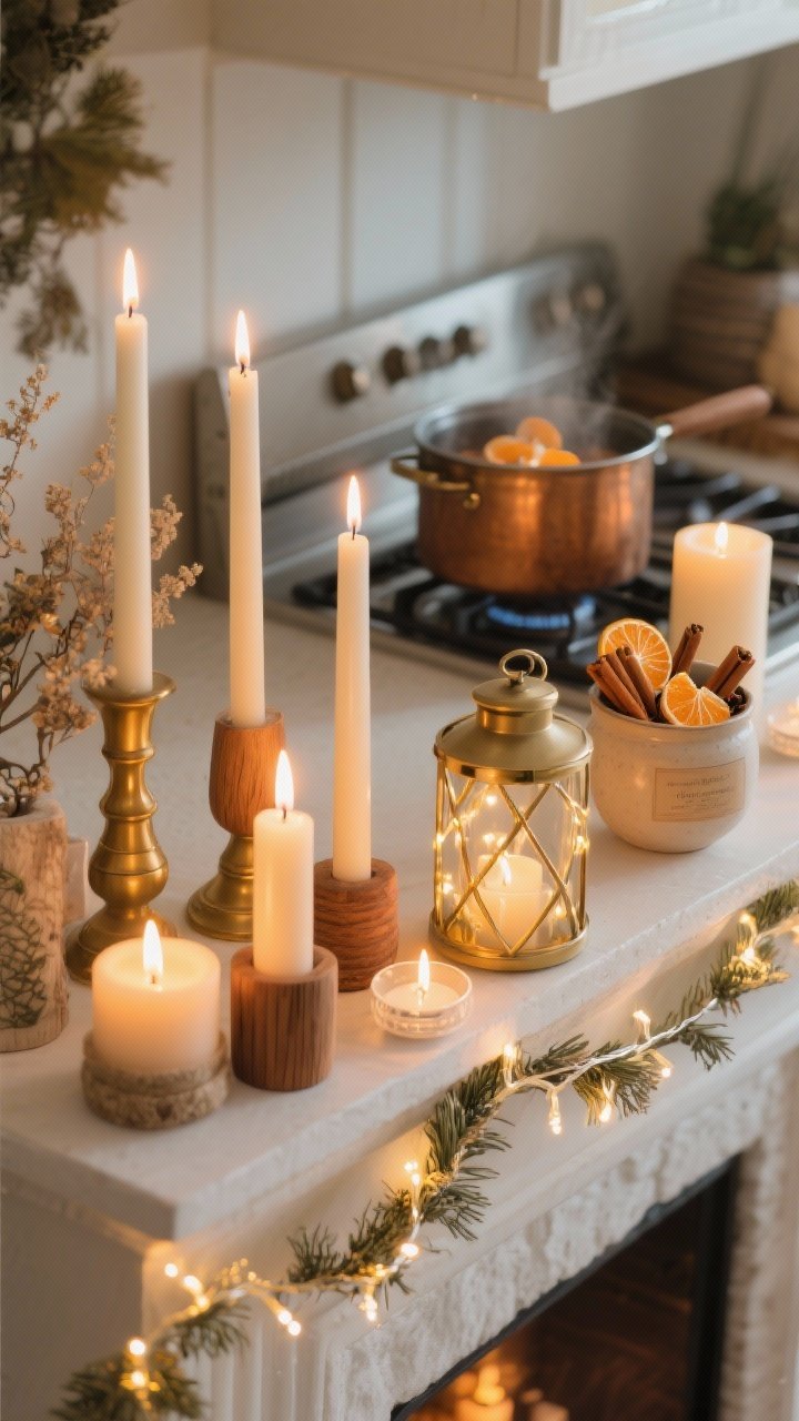 Detail closeup, low-angle straight-on of the mantle’s cozy glow and scent layering: mixed-height taper and pillar candles in brass, wood, and ceramic holders emitting warm flicker; a strand of warm white fairy lights tucked inside a lantern and woven subtly along a garland; several flameless LED candles with realistic flicker on a timer. In the background, imply a stovetop simmer pot with orange peel, cinnamon sticks, and cloves via a small styled bowl of those ingredients on the mantle to cue scent, plus a cedar or sandalwood candle vessel labeled subtly to keep one scent family. Leave intentional negative space between clusters and keep flame clear of dried botanicals. Golden hour ambient lighting, photorealistic, no people.