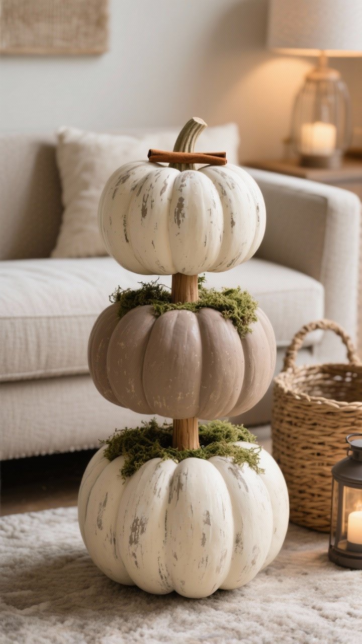 Detail closeup of a neutral pumpkin stack topiary: three faux pumpkins (large, medium, small) in cream and muted clay tones, dry-brushed with matte taupe and moss paint to mimic pottery texture. The bottom two pumpkins are stemless and neatly glued, skewered with a hidden wooden dowel for stability; seams softened with tucked moss. A cinnamon stick serves as the top stem. Styled as a mini vignette beside a sofa: include a woven basket and a small lantern nearby, soft warm ambient light, earthy, high-end look, photorealistic surface detail.