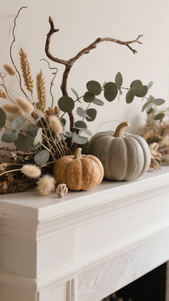 Detail closeup of mixed real and faux elements on a mantle to avoid the “fake” look: matte faux eucalyptus stems intertwined with real foraged branches showing natural bends and arcs, plus a pairing of matte faux pumpkins beside irregular real gourds. Include dried florals (wheat and bunny tails) mingled with a few faux stems for layered texture. Emphasize natural-looking curves by subtly bent wire stems. Soft side lighting to reveal textures; neutral background; no glare or glossy finishes; photorealistic macro detail of leaves, stems, and gourd surfaces.