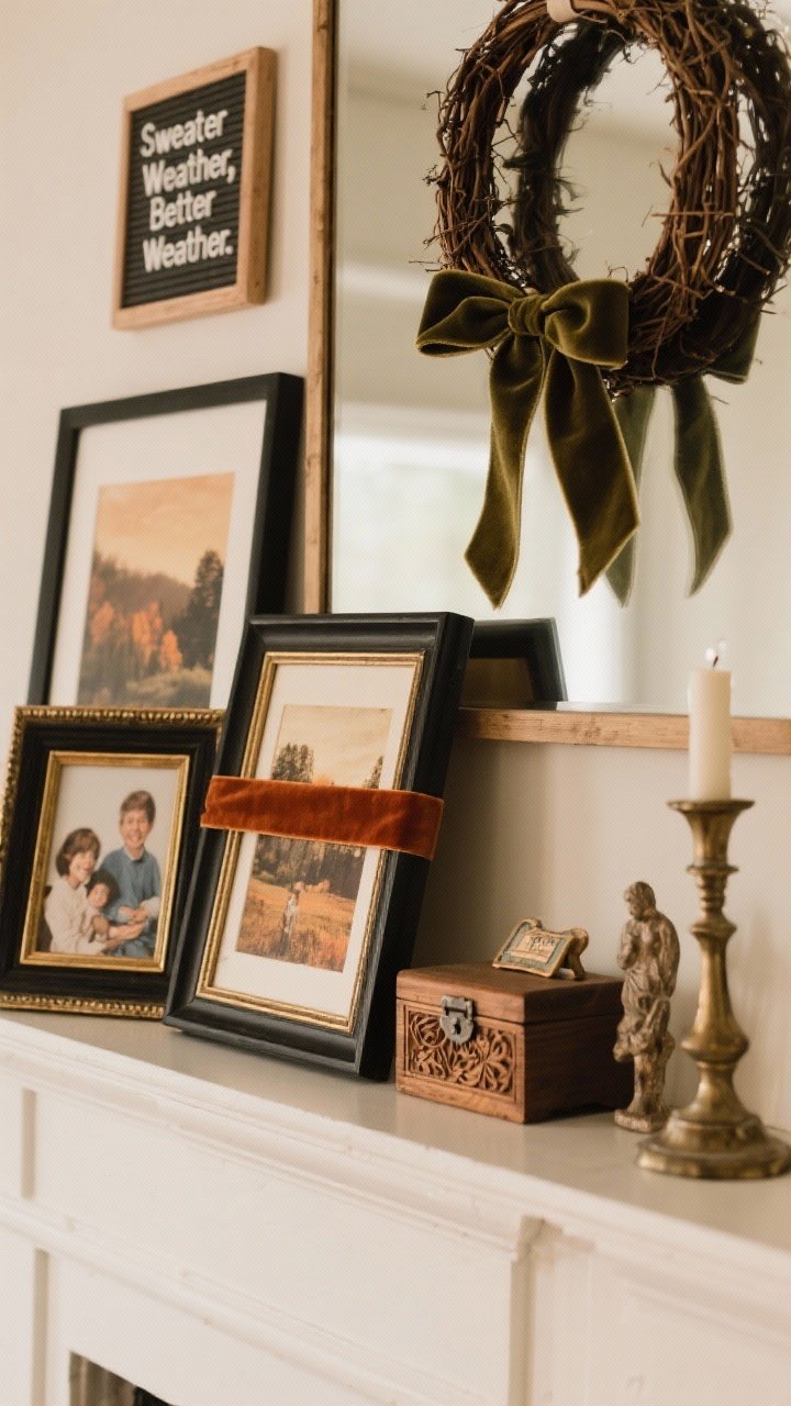 Detail closeup, straight-on, telling a personal fall story on the mantle: layered family photos in thin black and brass frames in mixed sizes; a small seasonal art print featuring a moody vintage landscape in warm tones; a petite carved wooden box and a tiny thrifted sculpture as travel treasures; a velvet ribbon in rust tied around one frame and subtly wrapped on a candle holder; a wreath hung over a mirror with an olive velvet ribbon visible at the top; a small letter board reading “Sweater Weather, Better Weather.” Carefully edited negative space so the arrangement feels curated, not cluttered. Warm, cozy indoor lighting, photorealistic textures on frames, ribbon, and paper.