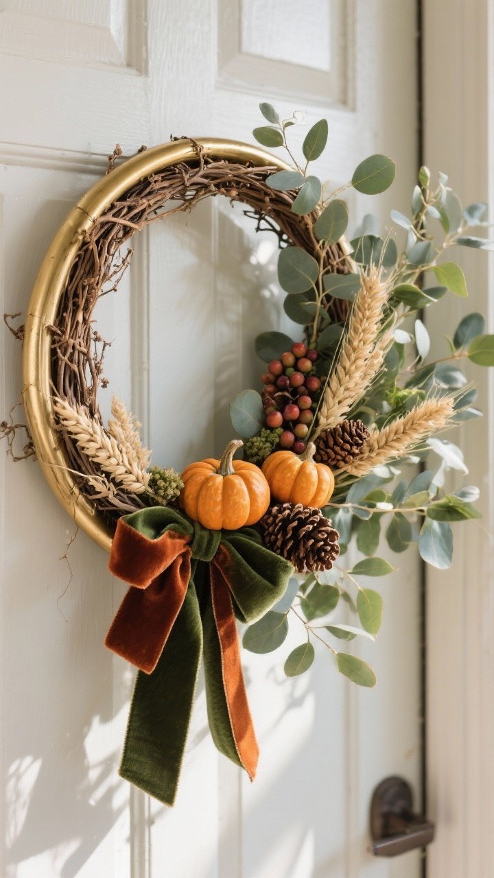Detail shot, slightly off-center, of a handmade statement wreath on a front door: a grapevine or gold hoop base with asymmetrical design—eucalyptus or olive branches draping to one side, clustered with dried wheat, mini pinecones, a few faux berries, and two tiny faux pumpkins. Finish with a velvet ribbon in rust or deep green trailing down. Natural daylight, shallow depth of field to emphasize materials and craftsmanship; highlight the contrast between the organic grapevine and the sleek metallic hoop, and the soft velvet texture of the ribbon.