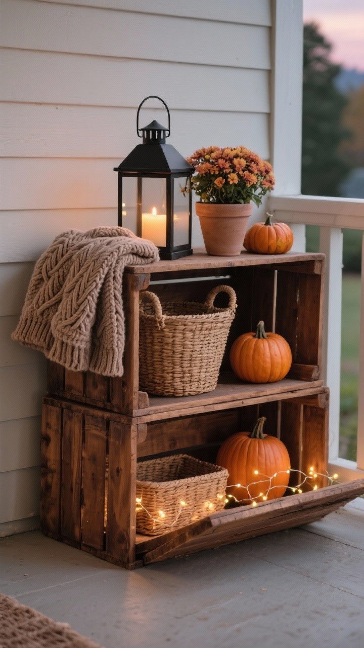 Medium, angled corner view of a cozy crate vignette with hidden storage on the porch: 3 wooden crates stained walnut, stacked staggered—one upright, one on its side, one horizontal—to create height levels. On top: a folded chunky knit throw blanket (taupe) with visible cable texture; a black metal lantern with a warm LED candle; a small potted mum in a simple clay pot; and a mini pumpkin trio. Inside one crate: a rattan basket partly tucked for storage and a strand of tiny battery fairy lights glowing softly. Repeat materials (wood crates, rattan basket, wood-handled lantern) for cohesion. Dusk lighting for a gentle, cozy glow.