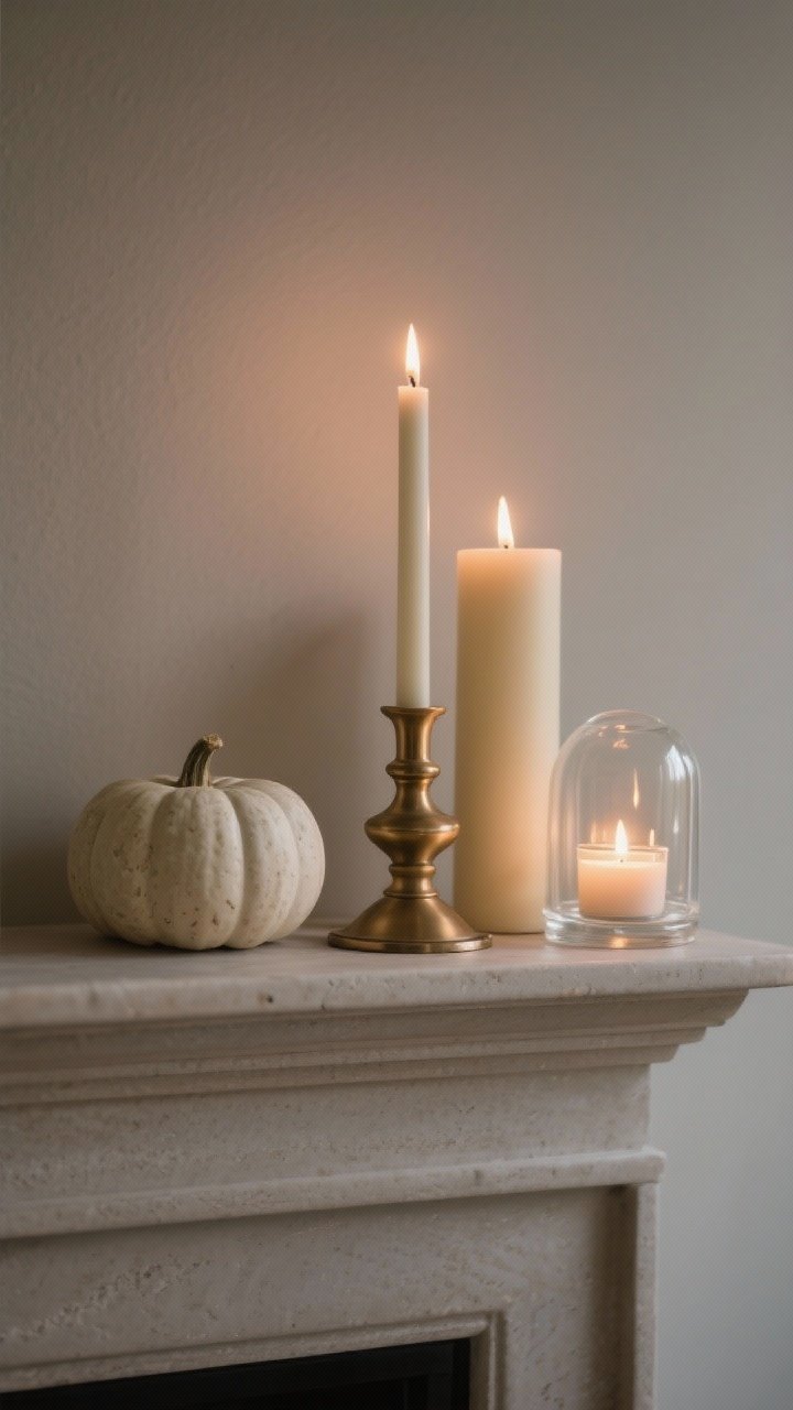 Medium close shot of a layered candle arrangement on a neutral mantle: three heights—one tall taper, one mid-height creamy pillar, and one low votive cluster—arranged in matte ceramic, brushed brass, and clear glass hurricanes, all within the same neutral color family. Include realistic LED tapers with lifelike flames for safety and consistent evening ambiance. Add a single off-white or stone ceramic pumpkin beside the candles. Background stays minimal. Lighting: dim, cozy evening light with candle glow reflecting subtly in glass and brass. Perspective: straight-on, tight composition focusing on heights, finishes, and warm illumination.