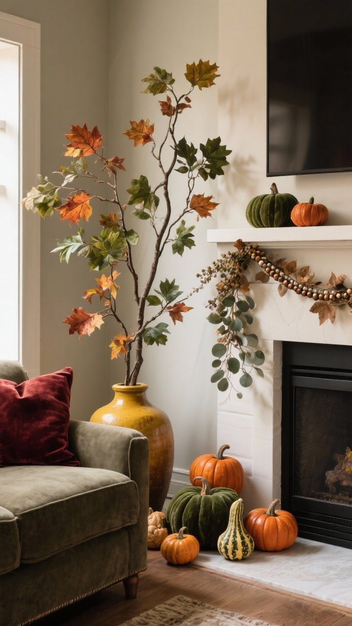 Medium corner-angle shot emphasizing fall greens and organic movement: tall off-center branches (maple or faux oak) in a chunky vase arcing naturally, in tones of amber, rust, and deep green; earthy color palette of olive, rust, taupe, and cream with one bold accent in mustard or burgundy; layer real and faux elements—velvet and ceramic mini pumpkins mixed with a few real gourds; a simple garland along the mantle front ledge (dried leaves or seeded eucalyptus, with optional bead garland for texture); photorealistic with gentle late-afternoon light to enhance moody tones