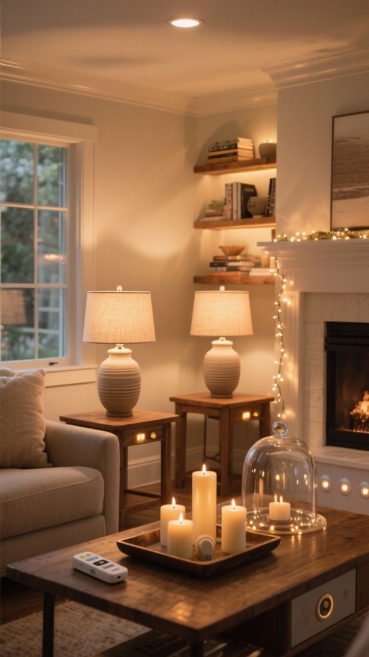Medium corner living room scene showcasing layered warm lighting: ceramic and wood table lamps with linen drum shades on side tables, set to 2700–3000K warm bulbs; dimmable smart plug remote on the table; under-cabinet style battery puck lights installed on a bookshelf for accent glow; a tray of mixed-height unscented pillar candles on the coffee table; a glass cloche with subtle string lights on the mantel in the background; overall ambiance cozy and evenly layered, overhead light off; photorealistic.