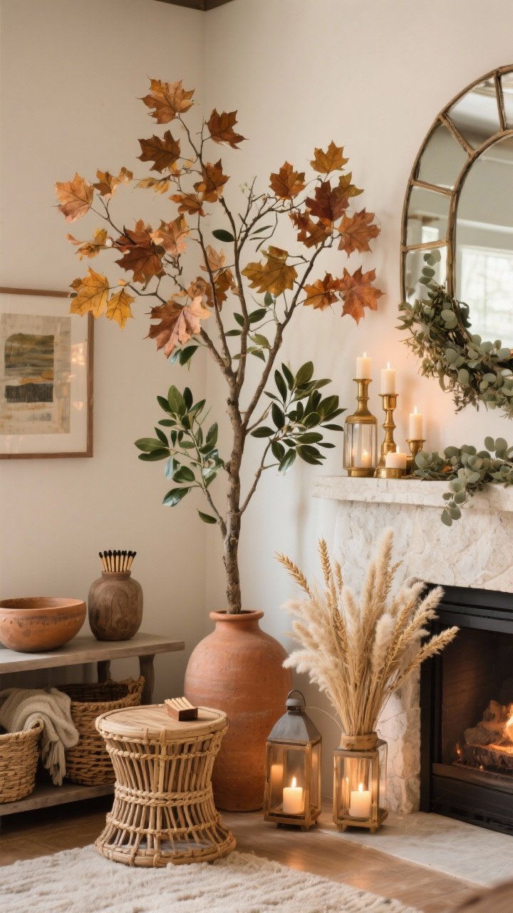 Medium corner shot: Nature-forward fall accents with no mess—tall maple or oak branches (or realistic faux) in a stone/terracotta vase beside a rattan side table; unglazed ceramics and earthenware bowls on a console; woven baskets holding throws by a hearth; mantel styled with a layered mirror and smaller art, eucalyptus garland, and brass candleholders—or, if no mantel, a lantern cluster with LED candles creating a cozy corner; low-drama greens like an olive tree or rubber plant and a bundle of dried grasses (wheat, bunny tails); a textured wood match striker on display; warm, soft lighting; photorealistic.