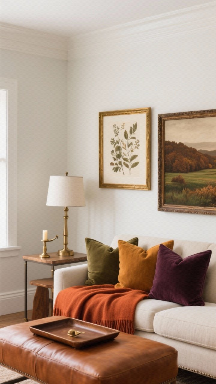 Medium shot: A sophisticated fall palette living room vignette with warm white walls and a cream/greige backdrop; accents in caramel, rust, ochre, olive, espresso, and deep plum—rust throw over a sofa, olive and plum pillow covers, a tobacco-colored leather tray on the ottoman; moody botanical prints and a landscape photo with brown/green undertones in antique gold and aged bronze frames; brushed brass table lamp and a small brass candle snuffer on a side table; overall warm, balanced color story without overt orange; photorealistic.