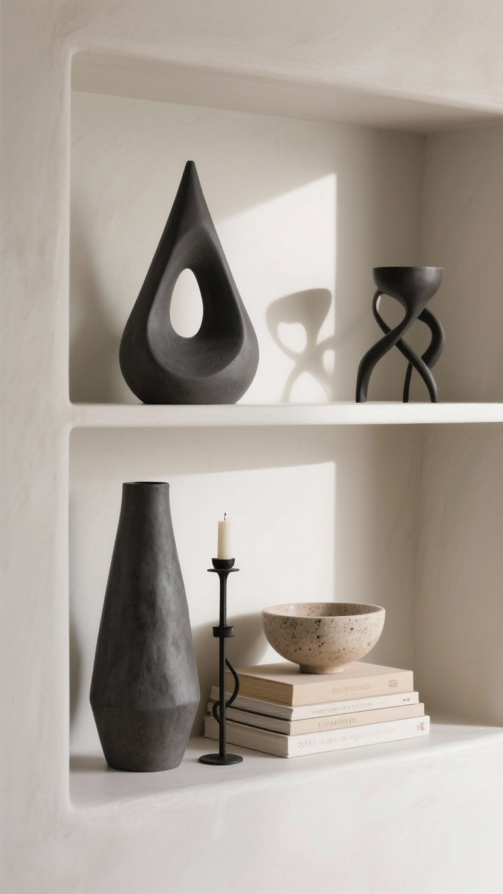 Medium shot: A styled shelving nook focused on sculptural decor. On one shelf, an edited visual triangle: a tall, matte, slightly irregular statement vase in charcoal; a medium organic bowl in travertine; a small stack of neutral books with matte black abstract iron candle holder beside them. Negative space maintained around each object; one sculptural piece per zone. Directional side lighting creates gentle shadows that accentuate contours and shape for a modern, artsy feel.