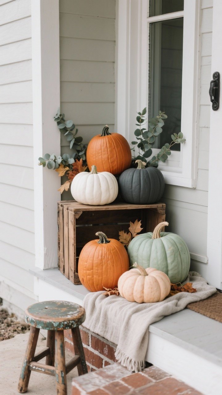 Medium shot at a porch corner capturing a clustered pumpkin vignette arranged in odd numbers: 5 pumpkins mixing sizes and colors—white, muted orange, and soft sage-green Cinderella pumpkins. Vary height using an overturned wooden crate, a small thrifted stool, and a hidden brick under a folded neutral blanket. Tuck sprigs of eucalyptus and a few faux fall leaves between pumpkins for texture. Include two faux pumpkins painted matte terracotta and charcoal, with a clear matte finish. Soft overcast daylight for gentle shadows; composition shows depth and levels without lining them up.