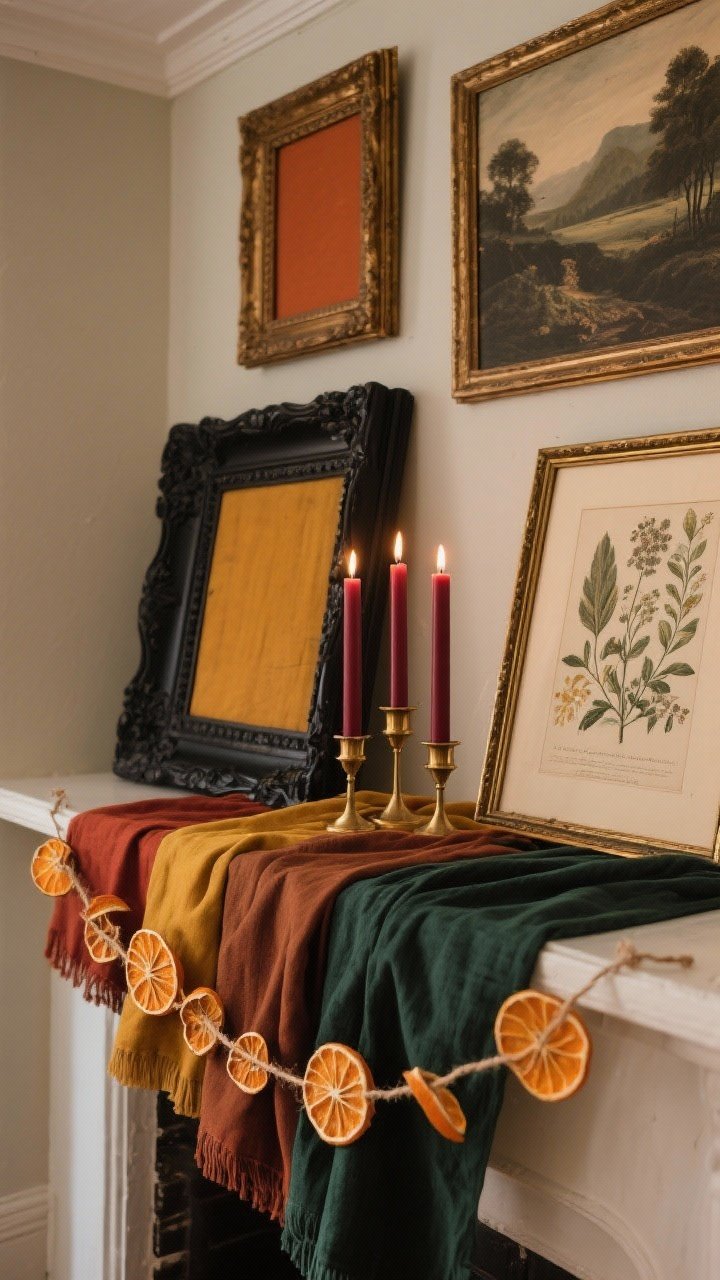 Medium shot, corner angle of a mantle where color is the star without repainting: textiles in rust, mustard, cinnamon, and deep forest green as a runner and folded fabric accents; matte black and antique brass painted thrifted frames leaning as layered art; terracotta, ochre, and burgundy taper candles in simple holders. Include a draped garland of dried orange slices on twine glowing warmly, and a framed moody landscape or vintage botanical print from a public domain source. Keep the palette to three main colors plus one metallic (choose brass). Warm indoor lighting, photorealistic, no people.