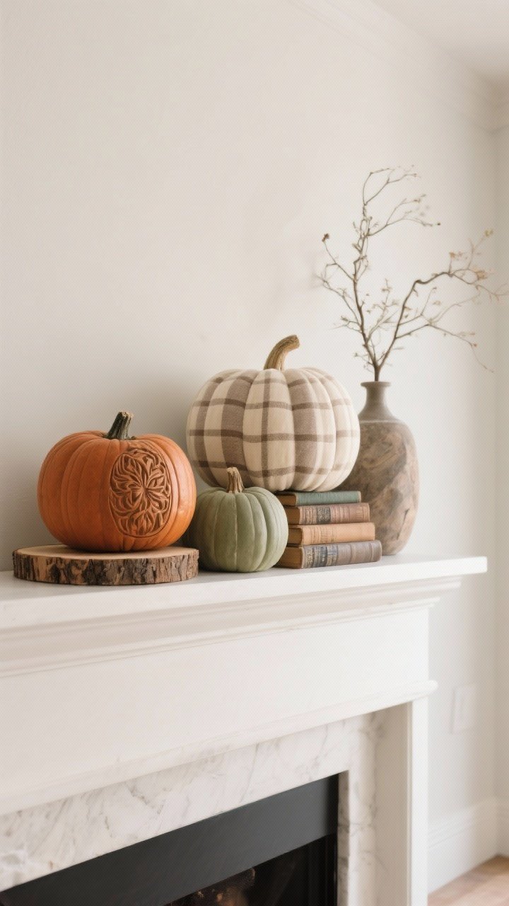 Medium shot focusing on elevated seasonal accents: a curated trio of pumpkins on the mantle in mixed materials—linen, carved wood, and smooth stone—scaled as one medium focal pumpkin with two smaller accents. Palette is tight and sophisticated: cream, taupe, sage, and soft rust, with one tasteful patterned pumpkin in subtle gingham or plaid. Use a wood slice or stacked antique books as a riser for height, counterbalanced by a stemmy vase with airy branches on the opposite side. Soft, even natural light; clean editing with ample negative space for a chic, not kitschy, effect.