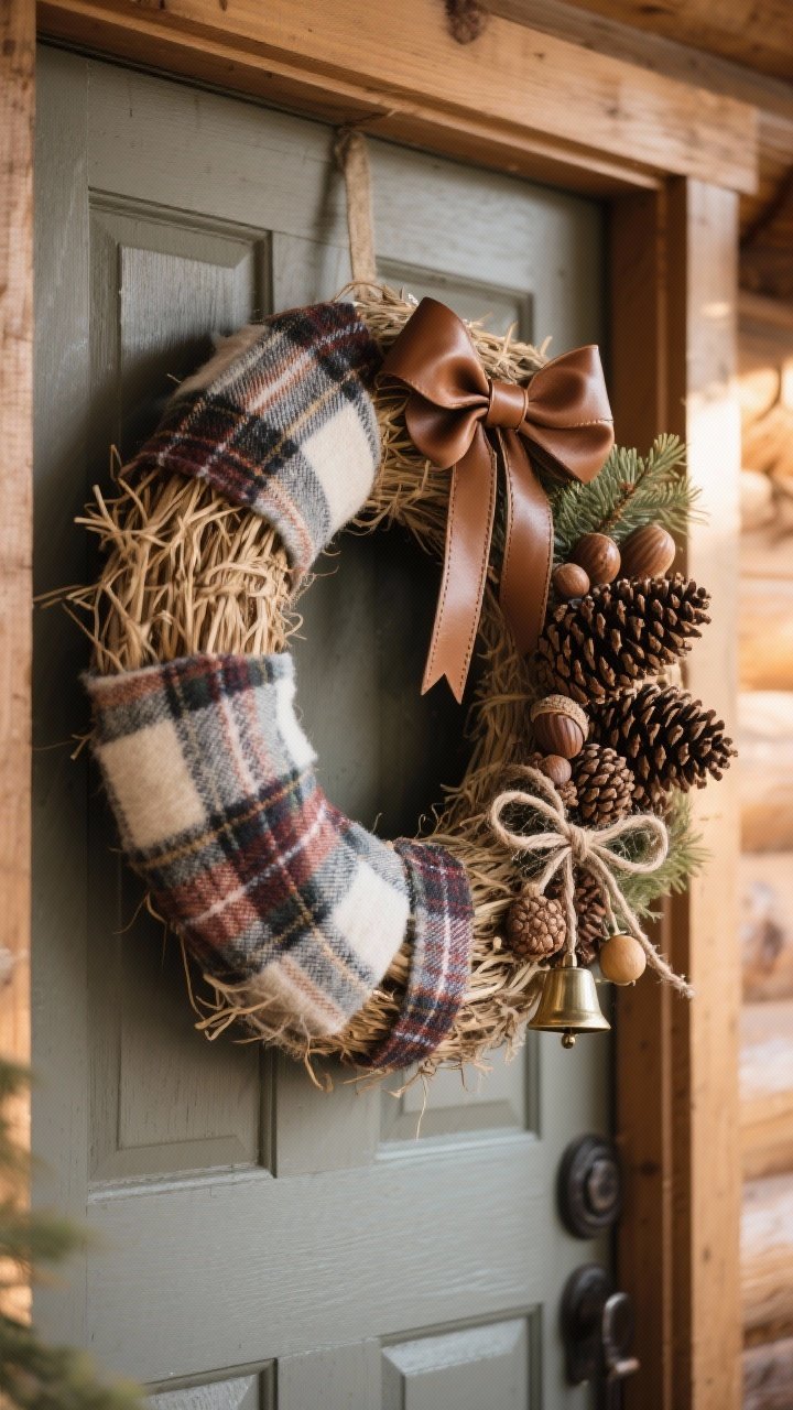Medium shot of a cozy, cabin-core front door vignette: a straw wreath form fully wrapped in 2–3 inch strips of flannel using two coordinating plaids. A modern, off-center cluster of pinecones forms the focal point on one side, with tucked-in acorns, twine bows, and a few tiny bells for a subtle jingle detail. Add a slim faux leather bow for a “designer finish.” Textures emphasize flannel weave, pinecone scales, and leather grain. Warm, late-afternoon natural light from the side; straight-on camera angle; no people; soft, wood-toned door backdrop.